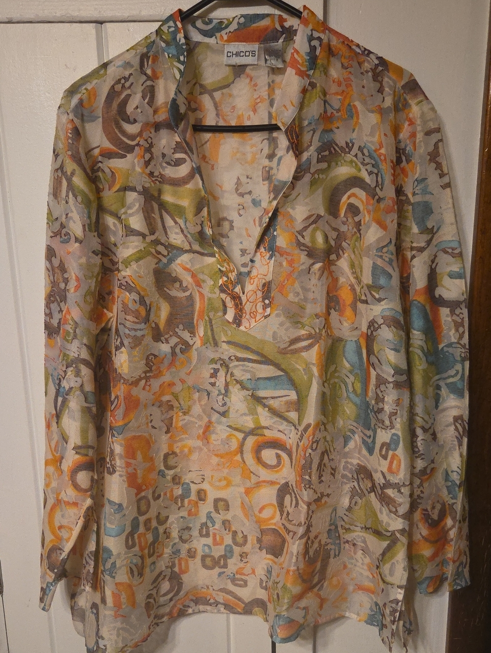 Chico's Printed Long-Sleeve V-Neck Shirt - Multicolor